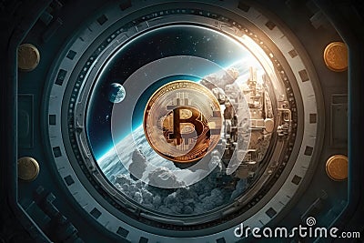 Bitcoin Coin In Space Earth. Generative AI Stock Photo