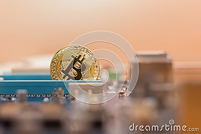 Bitcoin coin in video card pci-express slot , mining virtual cripto money Stock Photo