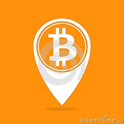 Bitcoin coin white icon on orange background, symbol bitcoin for use location pin logo, bitcoin symbol for map pointer concept Vector Illustration