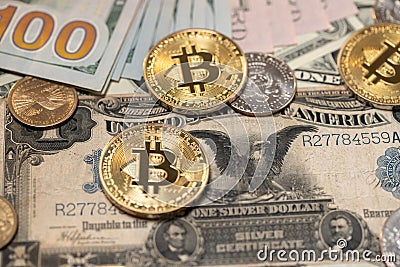 Bitcoin coins on Black Eagle Dollar, antique banknote and modern Crypto currency Stock Photo