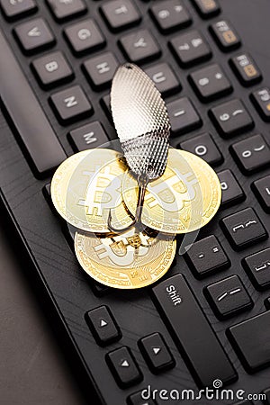 Bitcoin coins on a hook over the keyboard. Concept catching money, money scam, cryptology scam Stock Photo