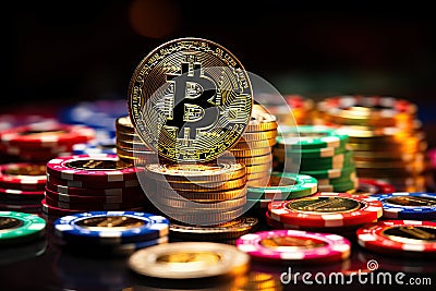 Bitcoin with colorful gambling chips for crypto casino illustration Cartoon Illustration