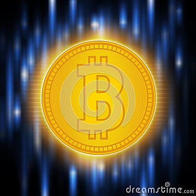 Crypto currency abstraction golden bit-coin . Bitcoin concept on an abstract blue background .Digital matrix of Stock Photo