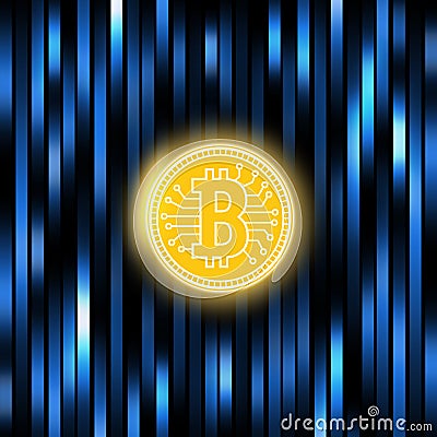Bitcoin concept on an abstract blue background .Digital matrix of deducting money . Crypto currency abstraction golden Stock Photo