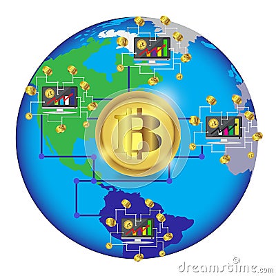 Bitcoin concept and network of connected icons.Business financial network on the World map. Bitcoin cryptocurrency digital paymen Vector Illustration