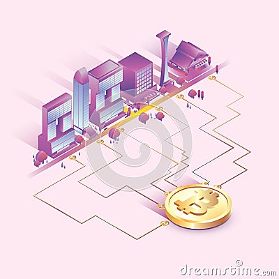 Bitcoin concept vector illustration city with bitcoin are connected each other, city need bitcoin to grow, realistic bitcoin, past Vector Illustration