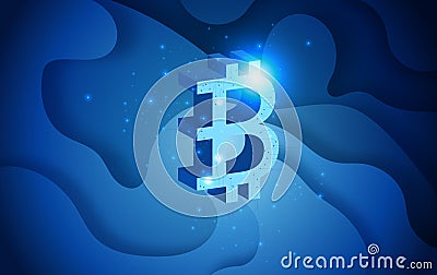 Bitcoin conceptual background with blue electric lights on abstract shape curve. Bitcoin Futuristic Sci-Fi Blockchain Technology Vector Illustration
