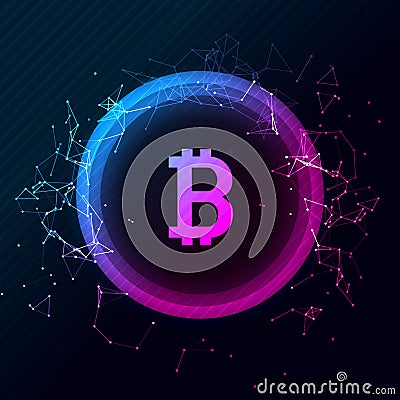 Bitcoin conceptual glowing background. Crypto currency blockchain business mining bitcoin Vector Illustration