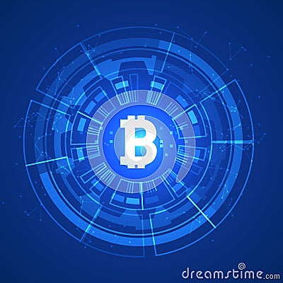 Bitcoin conceptual glowing background. Crypto currency blockchain business mining bitcoin Vector Illustration
