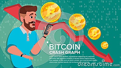 Bitcoin Crash Graph Vector. Surprised Investor. Negative Growth Exchange Trading. Collapse Of Crypto Currency. Bitcoin Vector Illustration