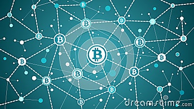 Bitcoin crypto currency blockchain on blue background bitcoin transactions and blocks Vector Illustration