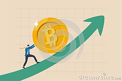 Bitcoin and crypto price rising up, soaring and price increase, crypto currency value growth, mass adoption concept, businessman Vector Illustration