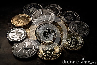 Bitcoin cryptocurrencies on black Editorial Stock Photo