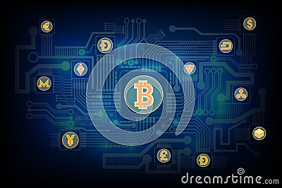 Bitcoin cryptocurrency blockchain abstract background concept Cartoon Illustration