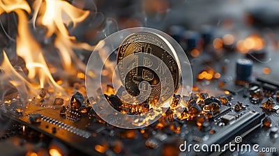 Bitcoin cryptocurrency blockchain being hacked and destroying all crypto digital wallets with the use of a quantum computer chip Cartoon Illustration