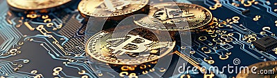 Bitcoin cryptocurrency blockchain being hacked and destroying all crypto digital wallets with the use of a quantum computer chip Cartoon Illustration