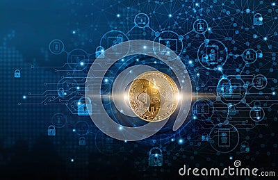 Bitcoin cryptocurrency with blockchain network connection and microcircuit icon on global virtual screen. Blockchain technology an Stock Photo