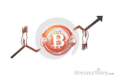 Bitcoin, cryptocurrency, commerce, money concept. Hand drawn isolated vector. Vector Illustration