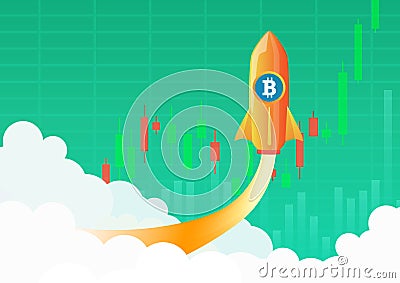 Bitcoin cryptocurrency concept. Hot temperature rocket with bitcoin symbol flying up. Green crypto market rising. New Vector Illustration