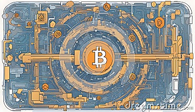 Bitcoin cryptocurrency concept illustration blue yellow and white color Cartoon Illustration