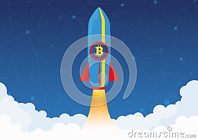 Bitcoin Cryptocurrency concept. Rocket flying to the moon with bitcoin icon. Crypto market rising. New investments Vector Illustration