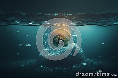 bitcoin cryptocurrency crisis and value drop concept. coin fall and sink under the water Stock Photo