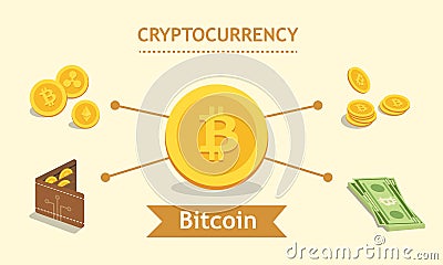 Bitcoin. Cryptocurrency. Digital wallet and finance concept. Wallet, bank note and coins. Vector Illustration