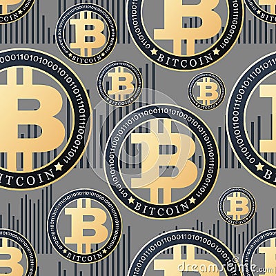 BITCOIN. Cryptocurrency growth chart. Bullish candle. Gold coin on grey background. Seamless pattern Vector Illustration