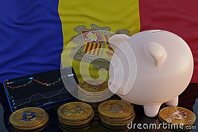 Bitcoin and cryptocurrency investing. Andorra flag in background. Piggy bank, the of saving concept. Mobile application for Cartoon Illustration