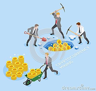 Bitcoin cryptocurrency mining concept. Group of business man use pickaxe working coin mine. Vector Illustration