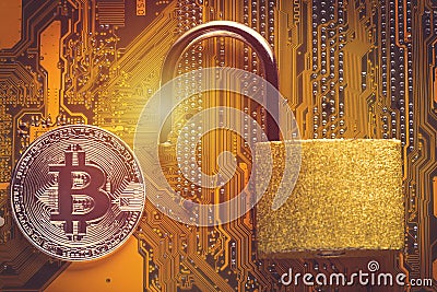 Bitcoin cryptocurrency with opened padlock on computer motherboard. Crypto currency - electronic virtual money for web banking and Stock Photo