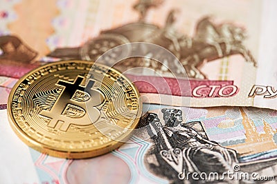 Bitcoin Cryptocurrency with Russian Rubles money. Russia Bitcoin Stock Photo