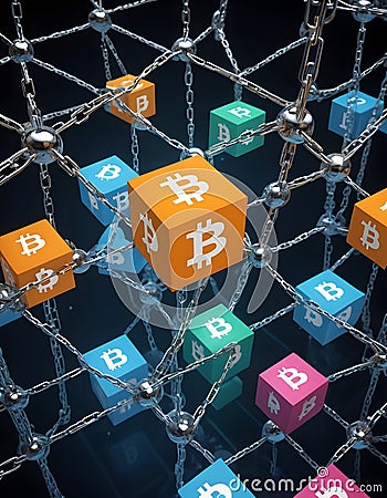 Bitcoin Cubes Anchored in Chain Web AI Generative Stock Photo