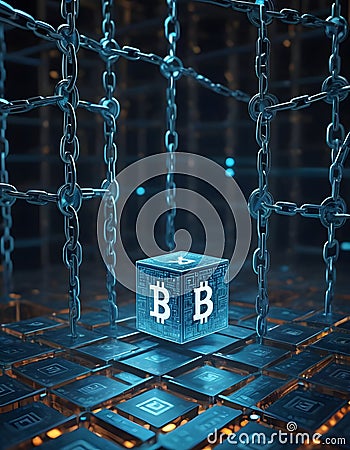 Floating Bitcoin Cubes in Chain Mesh AI Generative Stock Photo