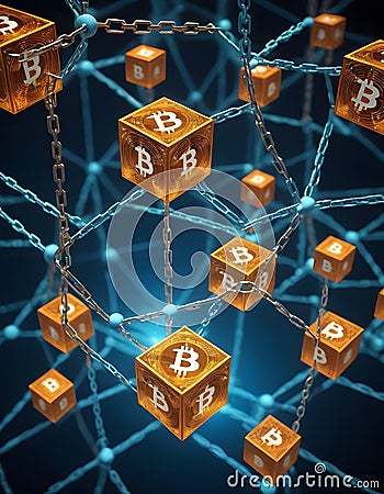 Bitcoin Cubes Floating in Digital Mesh AI Generative Stock Photo