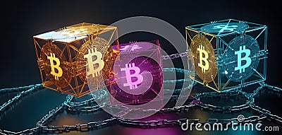 Connected Bitcoin Cubes in Blockchain AI Generative Stock Photo
