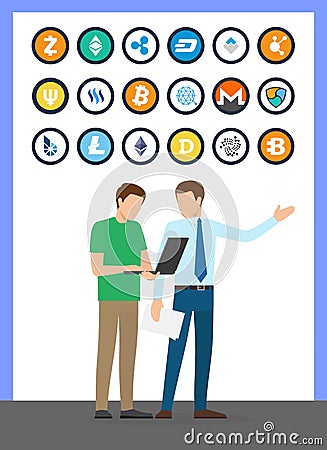 Bitcoin Currencies Set and Working People Vector Vector Illustration