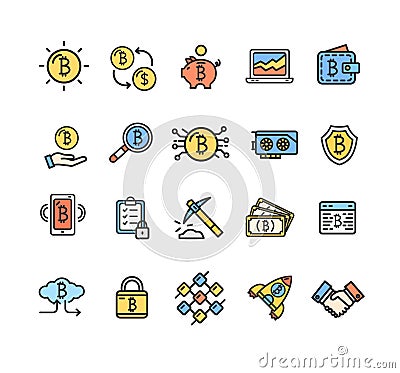 Bitcoin Currency Signs Color Thin Line Icon Set. Vector Vector Illustration