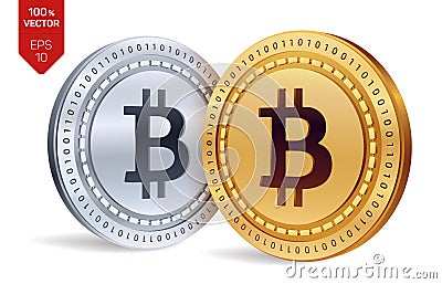 Bitcoin. 3D isometric Physical coins. Digital currency. Cryptocurrency. Golden and silver coins with bitcoin symbol isolated on wh Cartoon Illustration