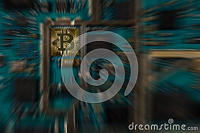 Bitcoin digital currency on electronic print circuit board with zooming effect Stock Photo