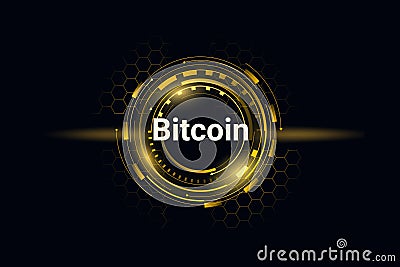 Bitcoin digital round token. Cyber cryptocoin with gold glow and techno design Vector Illustration