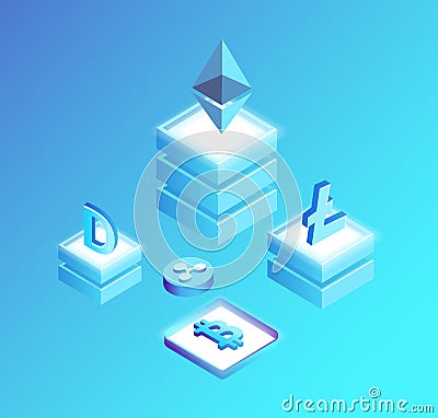 Bitcoin Litecoin, Ethereum Ripple and Dogecoin Vector Illustration