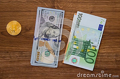 Bitcoin dollars and euro. Stock Photo
