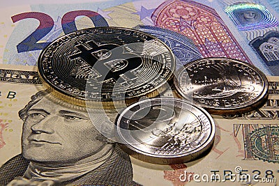 Bitcoin, dollars and euro currency Stock Photo