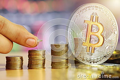 Bitcoin double exposure to stack gold coin of financial grown co Stock Photo