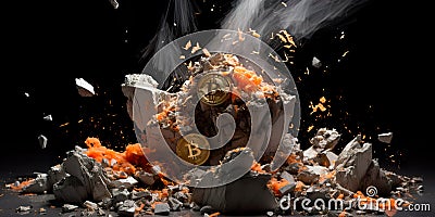 Bitcoin elements, such as the logo, transaction blocks, and cryptographic symbols. Stock Photo