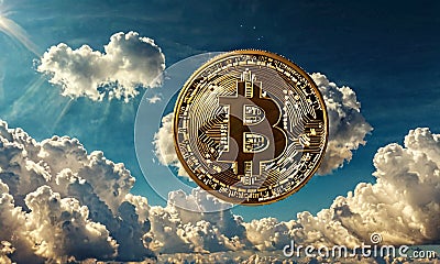 Bitcoin Emblem Amidst Clouds Stock Photo