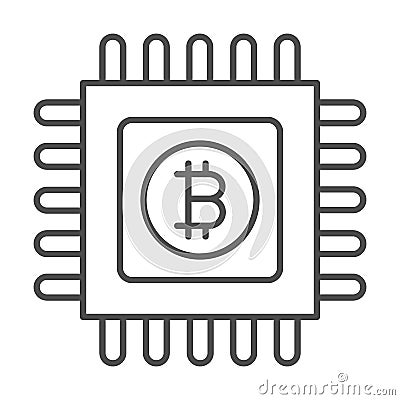 Bitcoin emblem on circuit microchip thin line icon, cryptocurrency concept, BTC processor vector sign on white Vector Illustration