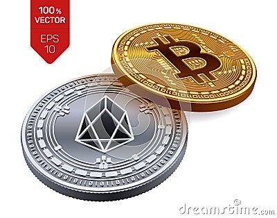 Bitcoin and EOS. 3D isometric Physical coins. Digital currency. Cryptocurrency. Silver coin with EOS symbol and golden coin with B Cartoon Illustration