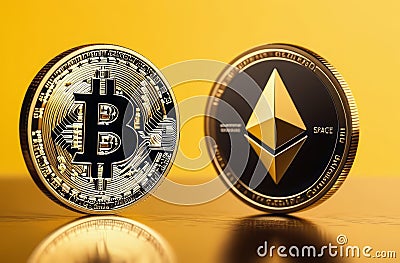 Bitcoin ETF coin, Ethereum, ETH, gold yellow, trading, chart, money, rich. Close-up bitcoin coin with flying coins Stock Photo